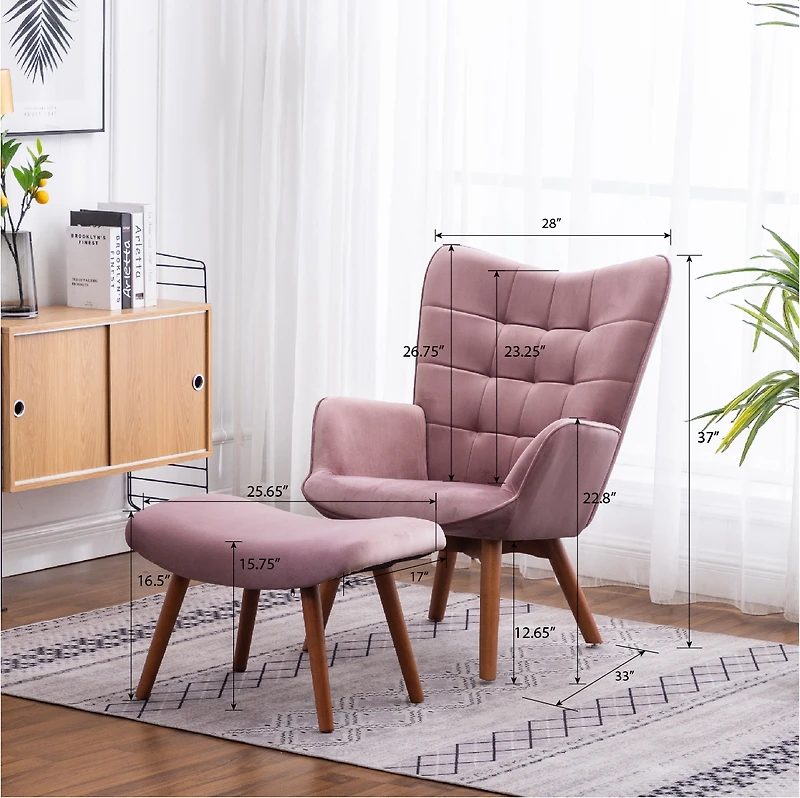 Simplie Fun Contemporary Silky Velvet Tufted Accent Chair with Ottoman, Blue