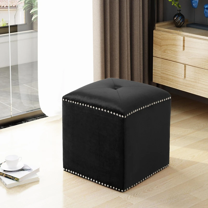 Streamdale Plush Velvet Square Ottoman with Studded Trim and Single Tuft