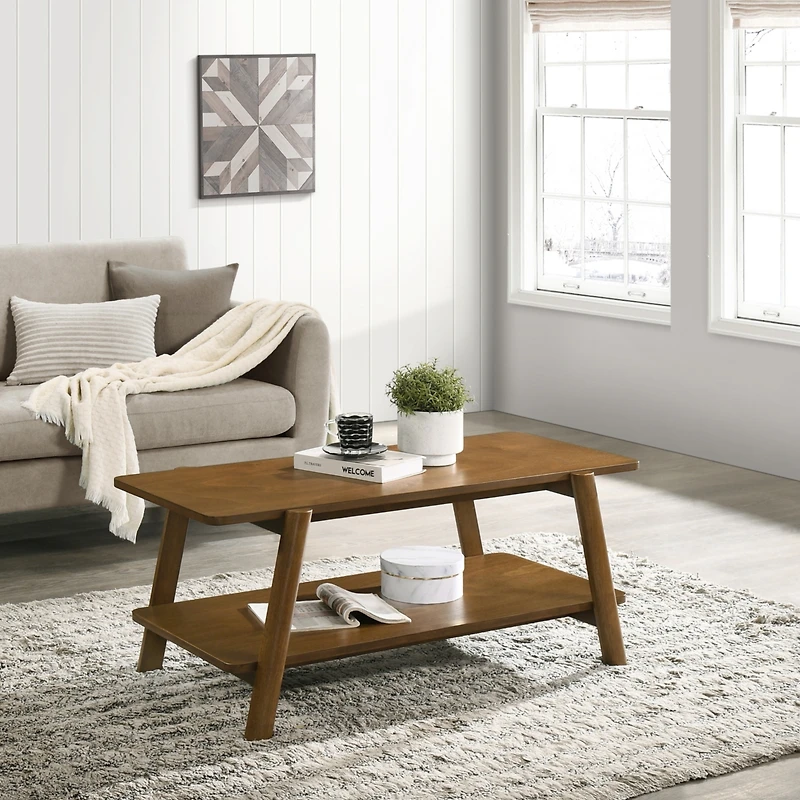 Streamdale Furniture Mid-Century Modern Wood Shelf Coffee Table, Walnut Finish