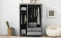 Streamdale Three Door Storage Wardrobe with Cabinets and Two Hanging Rods, Gray