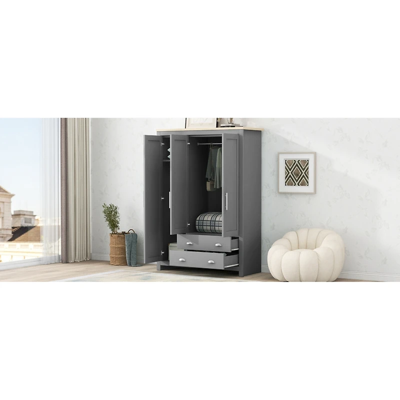 Streamdale Three Door Storage Wardrobe with Cabinets and Two Hanging Rods, Gray