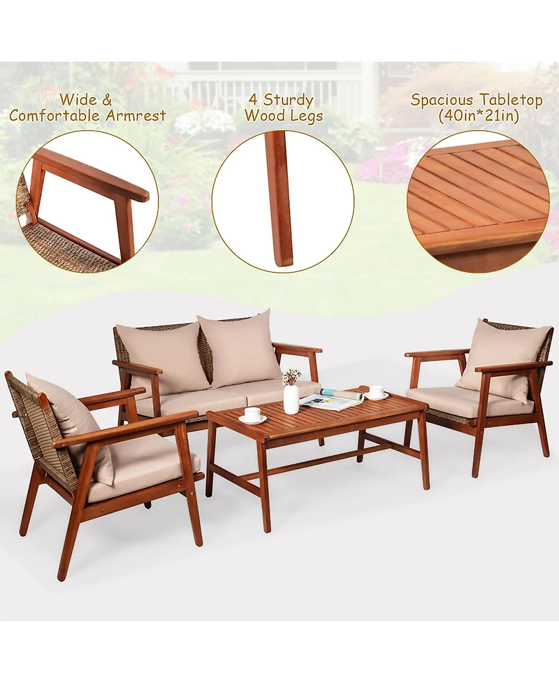 Costway 8PCS Patio Rattan Furniture Set Acacia Wood Frame Cushioned Sofa Chair Garden