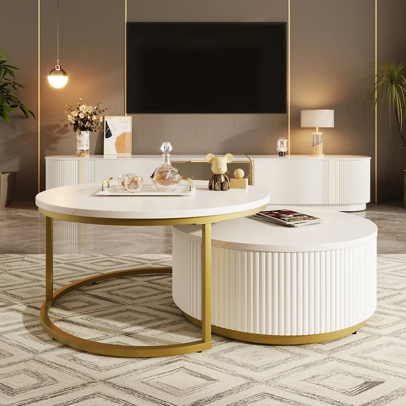 Streamdale Modern Fluted Nesting Coffee Table with Drawer (White & Gold)