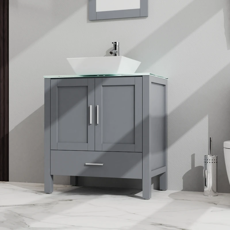 Streamdale 30" Bathroom Vanity and Sink Combo Glass Top Cabinet w/Mirror, Gray