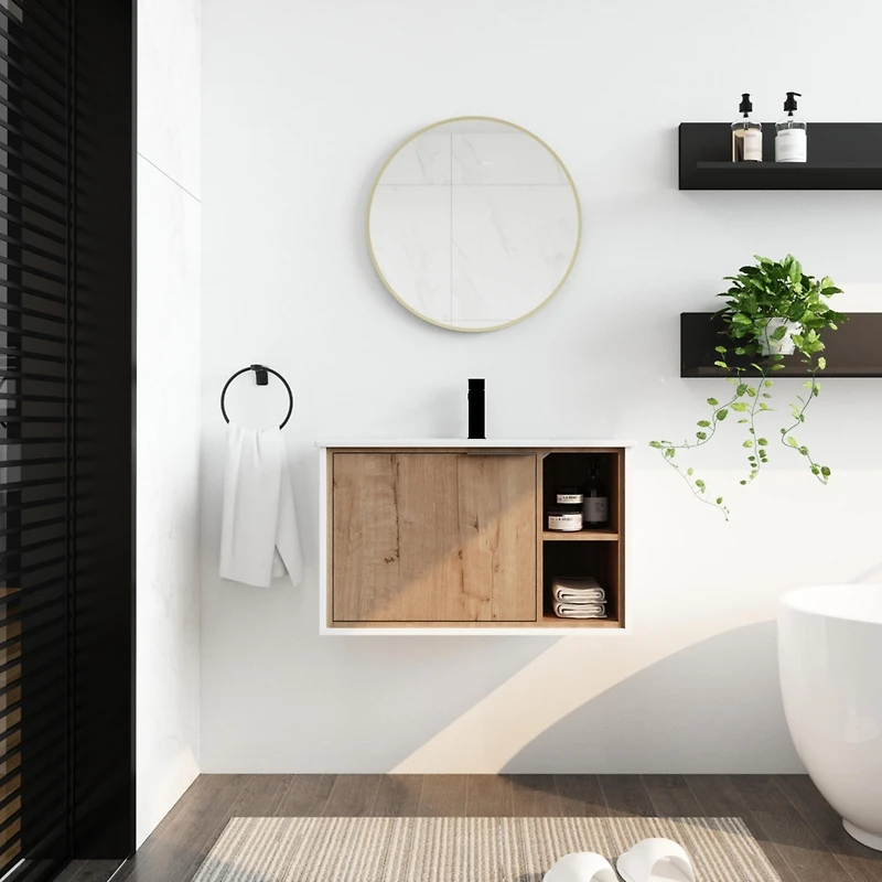 Modern Wall-Mounted Vanity with Soft-Close Door, Ceramic Sink, and Metal Handle