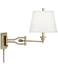 Barnes and Ivy Eleganta Swing Arm Wall Lamp with Cord Cover Brushed Satin Brass Plug-in Light Fixture White Linen Empire Shade for Bedroom Living Room