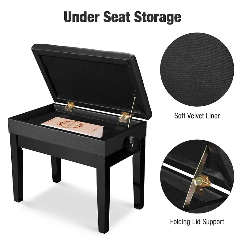 Piano Bench Pu Leather Storage Adjustable Height Padded Seat Keyboard Black