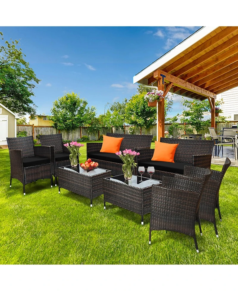 Gymax 8PCS Patio Outdoor Rattan Conversation Furniture Set w/ Cushion