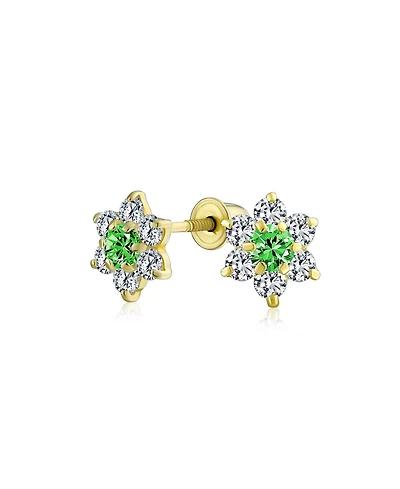 Tiny Green Cz Flower Stud Earrings Cubic Zirconia Simulated Emerald 14K Real Gold Screw back