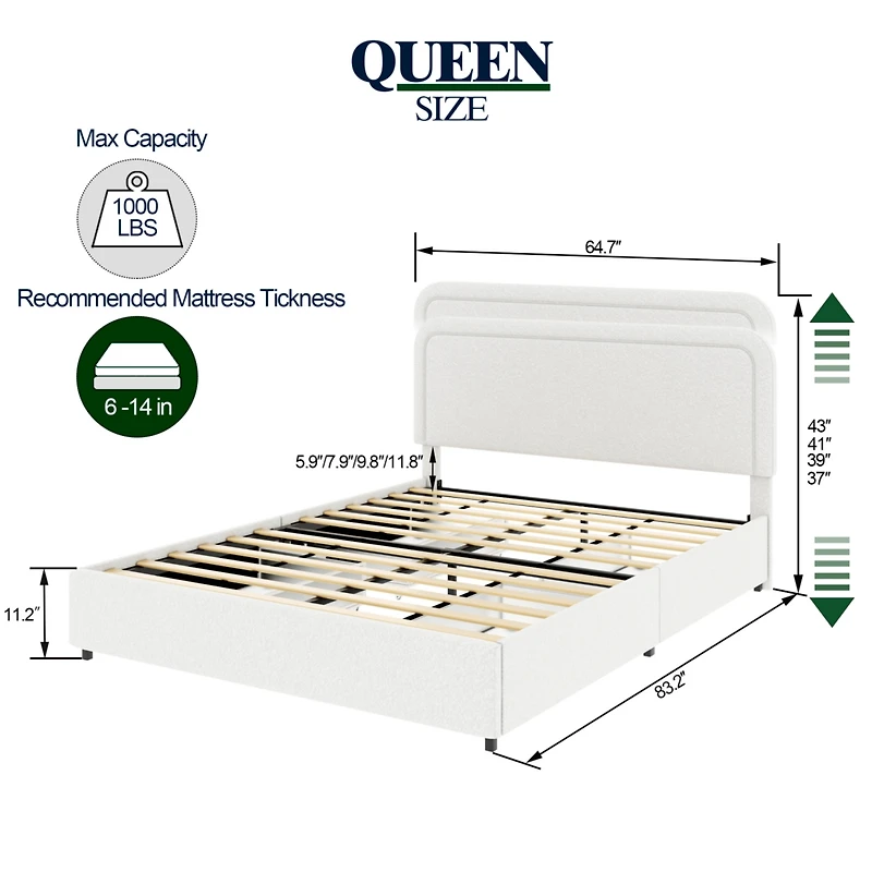 Liv Queen Size Ivory Boucle Upholstered Platform Bed with Patented 4 Drawers Storage, Curved Stitched Tufted Headboard, Wooden Slat Mattress Support,