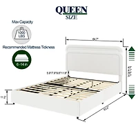 Liv Queen Size Ivory Boucle Upholstered Platform Bed with Patented 4 Drawers Storage, Curved Stitched Tufted Headboard, Wooden Slat Mattress Support,