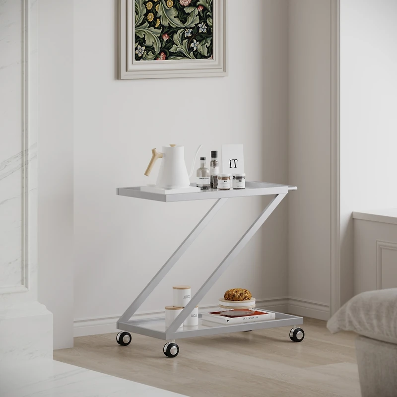 Simplie Fun Modern Z-Shaped Bar Cart with Tempered Glass Shelves and Locking Casters