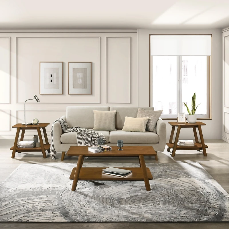 Streamdale Mid-Century Modern Wood Shelf 3-Piece Coffee Table Set, Walnut Finish