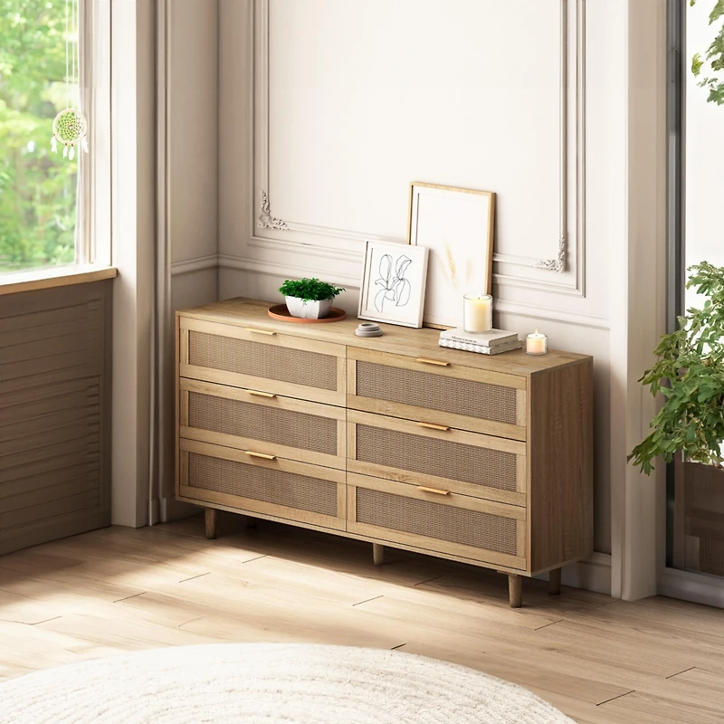 Natural Rattan Dresser with Ample Storage and Anti-Tip Safety