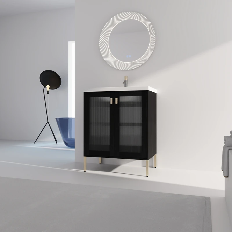 Streamdale Rustic Freestanding Vanity with Modern Acrylic Doors and Ceramic Basin