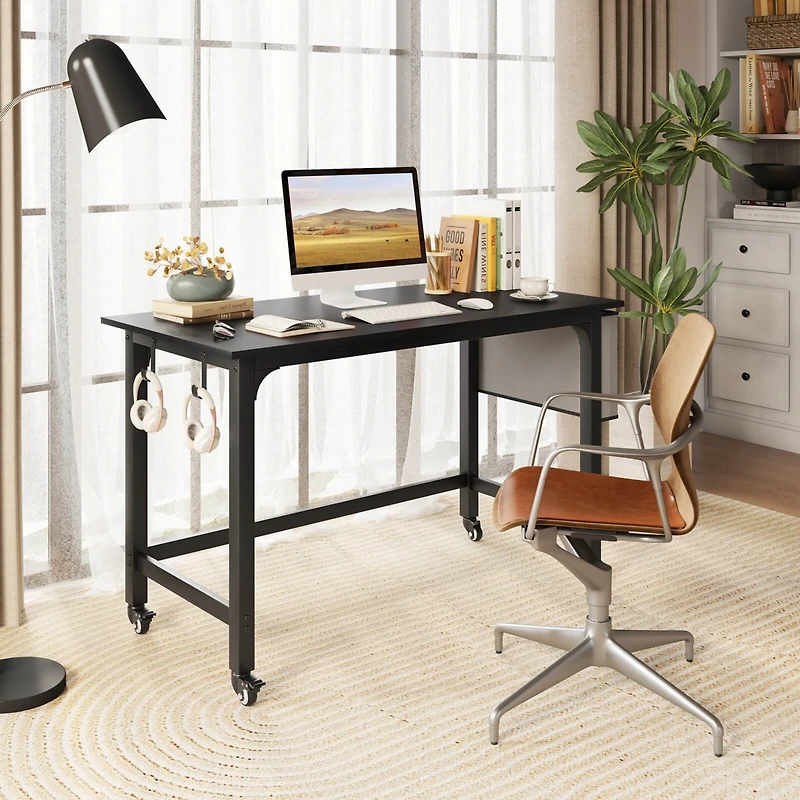 Rolling Computer Desk Wood Top Metal Frame Laptop Table Study