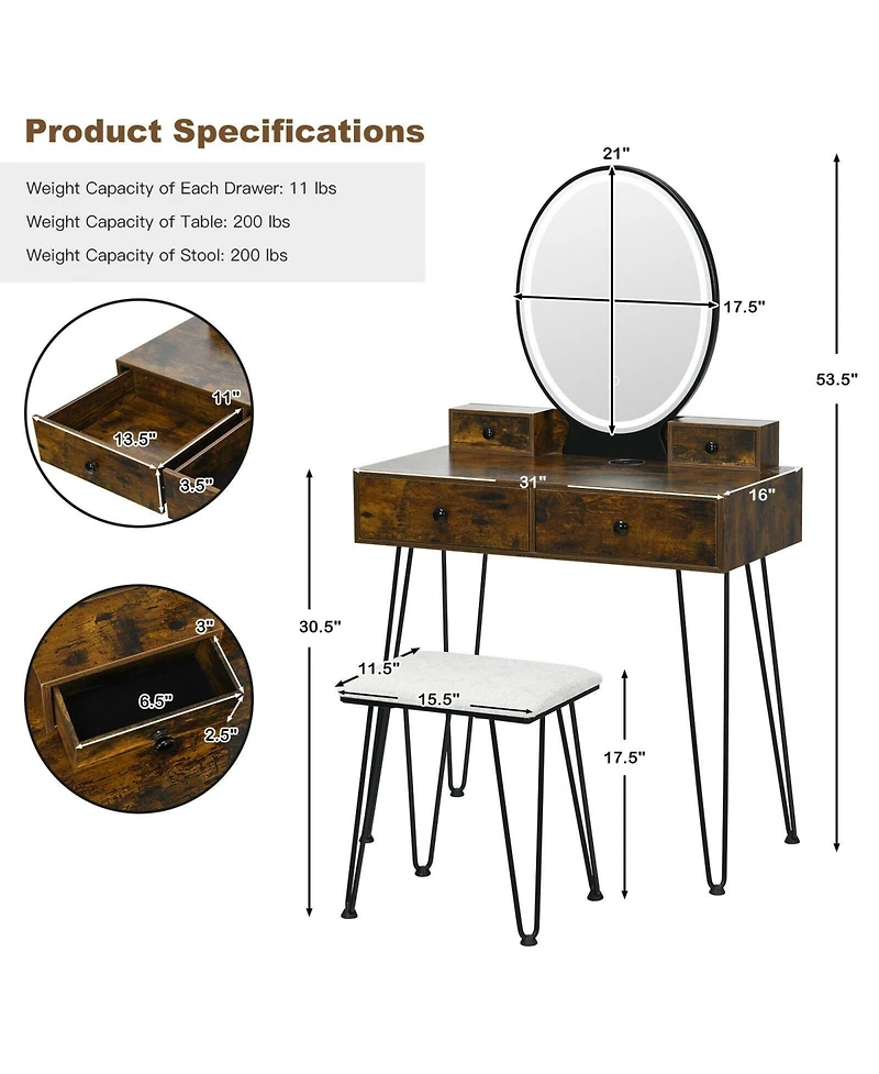 Sugift Vanity Table Set with 3-Color Lighted Dimmable Mirror