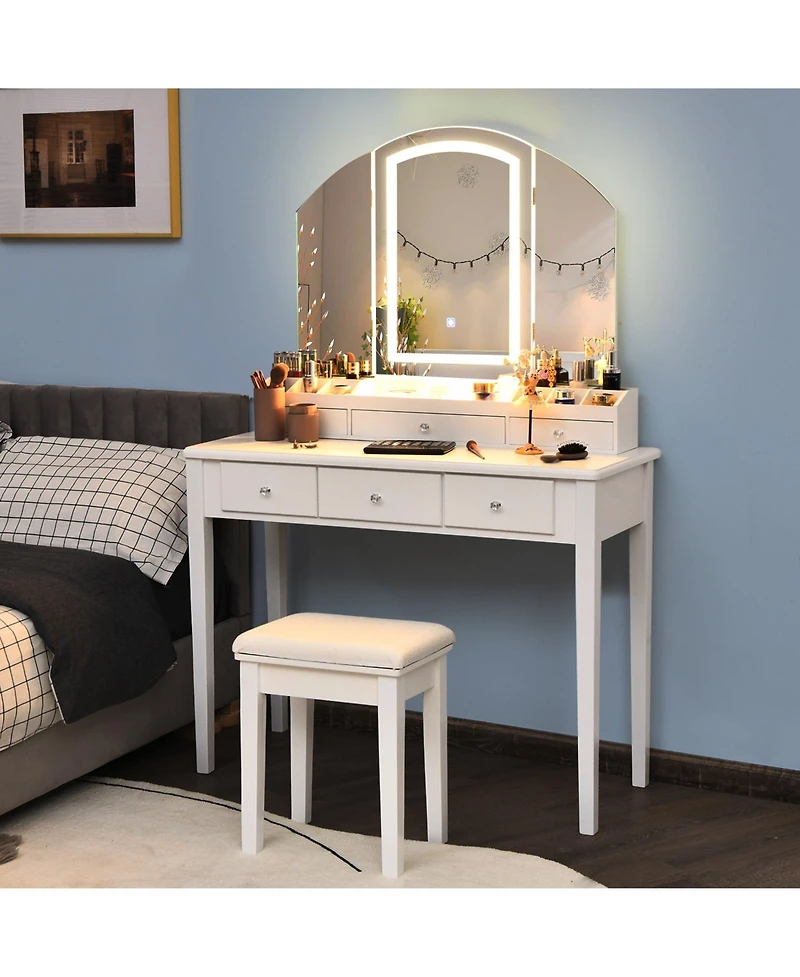 Sugift Vanity Table Stool Set with Large Tri-folding Lighted Mirror