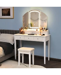 Sugift Vanity Table Stool Set with Large Tri-folding Lighted Mirror