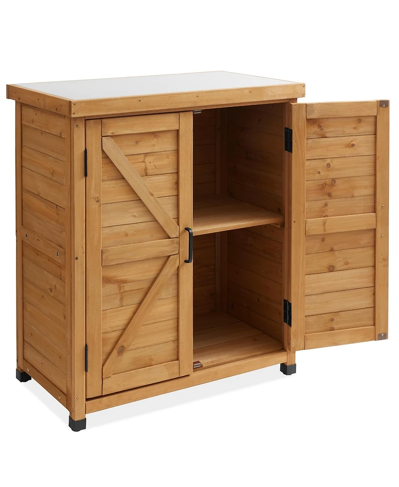 Outdoor Storage Cabinet and Potting Bench with Metal Tabletop and Storage Cabinet - Wooden Outdoor Garden Patio Workstation Table, Natural