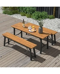 Slickblue Folding Picnic Table Acacia Wood Dining Table with Metal Frame for Indoor Outdoor Activities