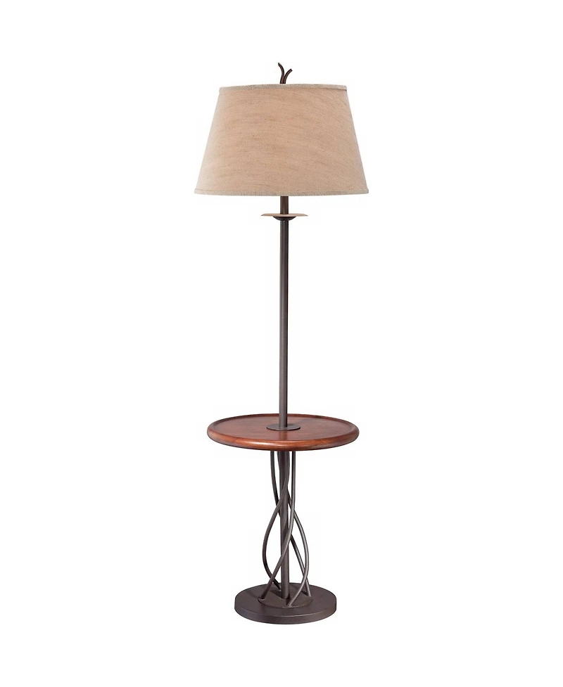 Franklin Iron Works Rustic Floor Lamp with Table 63.5" Tall Wood Twisted Iron Base Linen Empire Shade for Living Room Reading Bedroom
