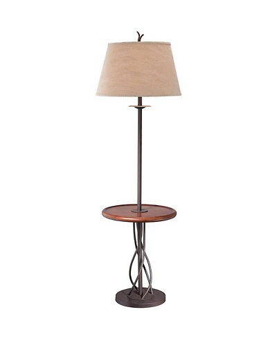 Franklin Iron Works Rustic Floor Lamp with Table 63.5" Tall Wood Twisted Iron Base Linen Empire Shade for Living Room Reading Bedroom