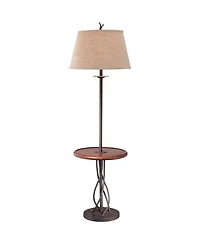 Franklin Iron Works Rustic Floor Lamp with Table 63.5" Tall Wood Twisted Iron Base Linen Empire Shade for Living Room Reading Bedroom