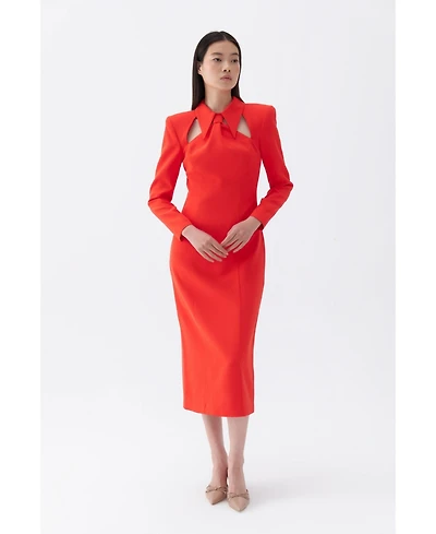 Nocturne Women's Tie Neck Midi Dress with Shoulder Pad