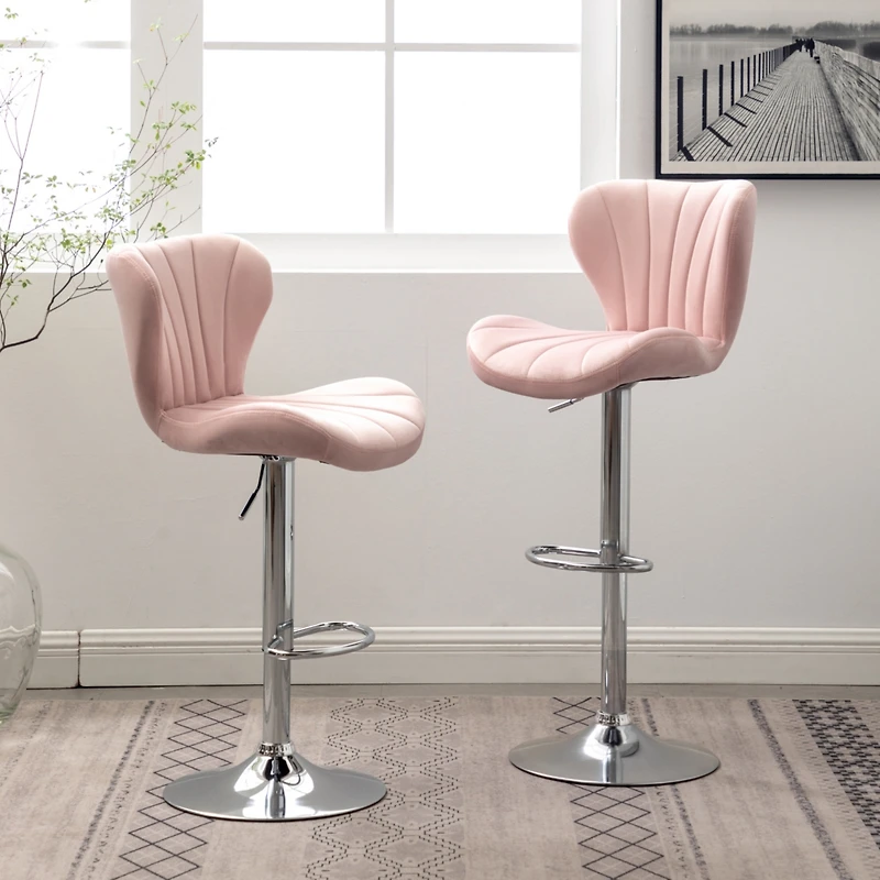 Simplie Fun Upholstered Adjustable Swivel Barstools in Pink, Set of 2