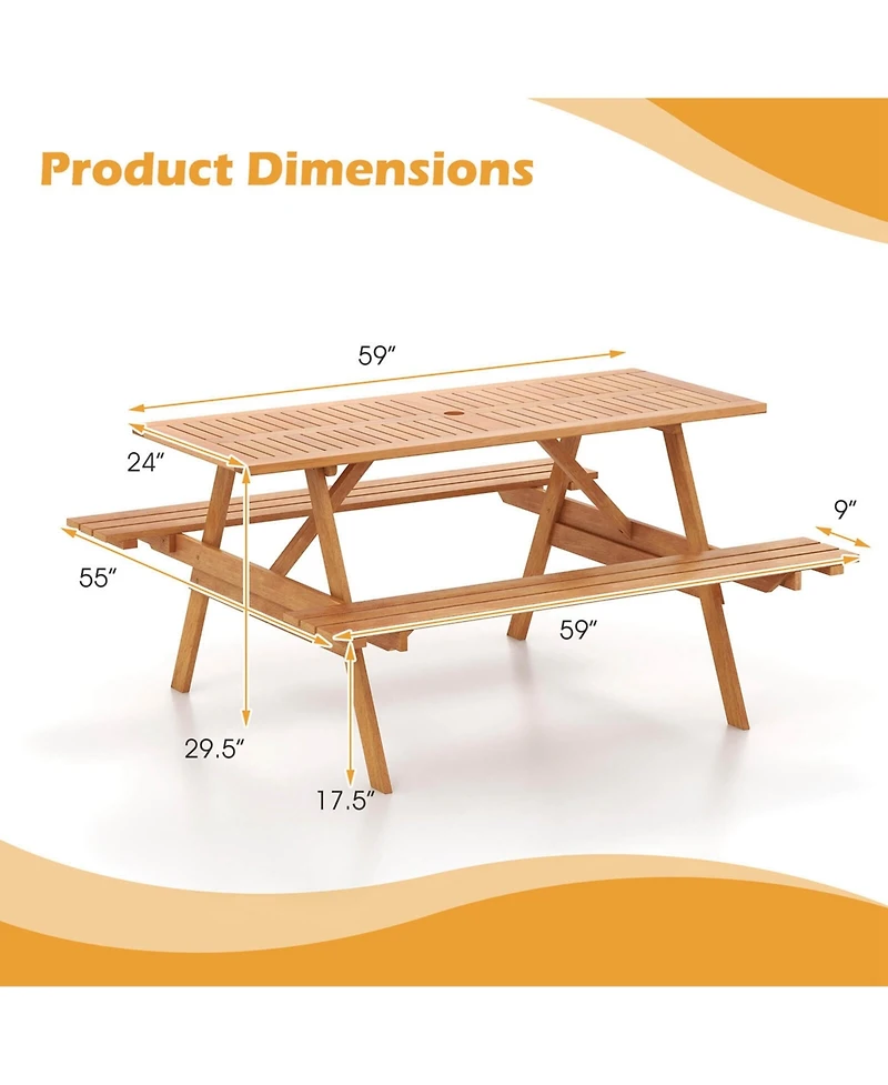 6 Person Picnic Table Set with Patio Table 2 Built-in Benches 2" Umbrella Hole