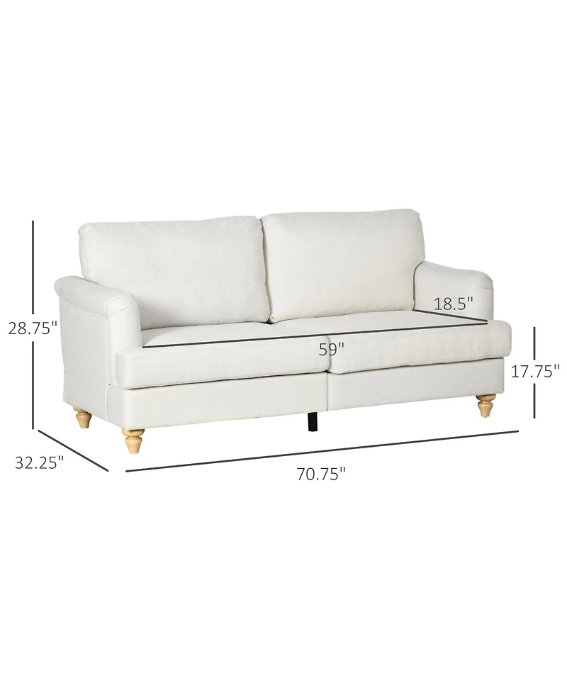 Homcom 3-Seater Sofa Couch, 71" Modern Linen Fabric Sofa with Rubber Wood Legs and Slatted Frame for Living Room, Bedroom and Apartment, Cream White