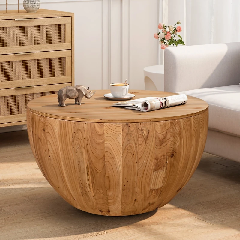 Retro Barrel Coffee Table with Storage, Solid Wood and Mdf