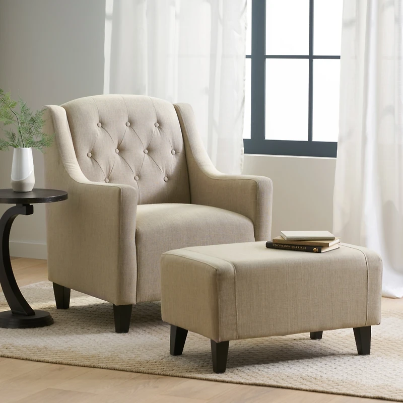 Streamdale Neutral Beige Upholstered Chair and Footstool for Comfortable Lounging