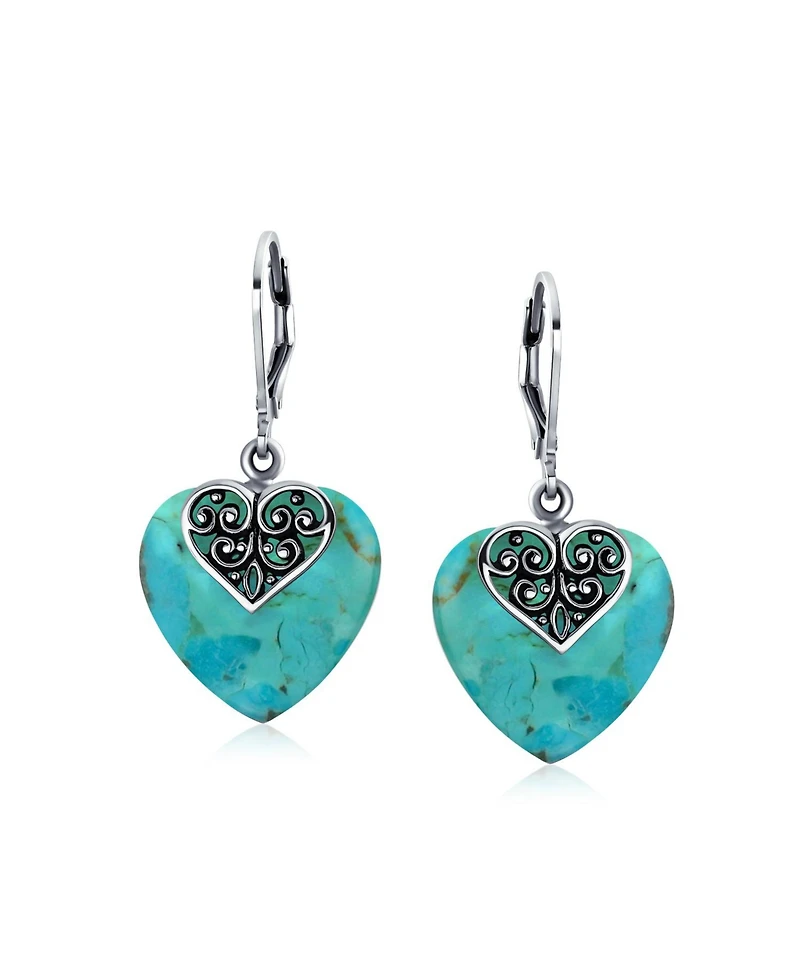 Bling Jewelry Boho Bali Style Scroll Filigree Blue Natural Turquoise Heart Shaped Dangling Earrings Oxidized Sterling Silver Lever back
