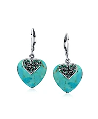 Bling Jewelry Boho Bali Style Scroll Filigree Blue Natural Turquoise Heart Shaped Dangling Earrings Oxidized Sterling Silver Lever back