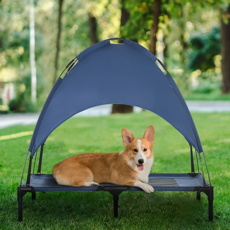 PawHut Elevated Portable Dog Cot with Uv Protection Canopy Shade,
