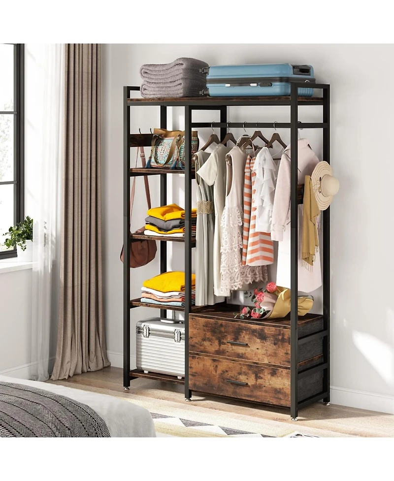 Tribesigns Freestanding Closet Organizer, Clothes Rack with Drawers and Shelves, Heavy Duty Garment Rack Hanging Clothing Wardrobe Storage Closet for