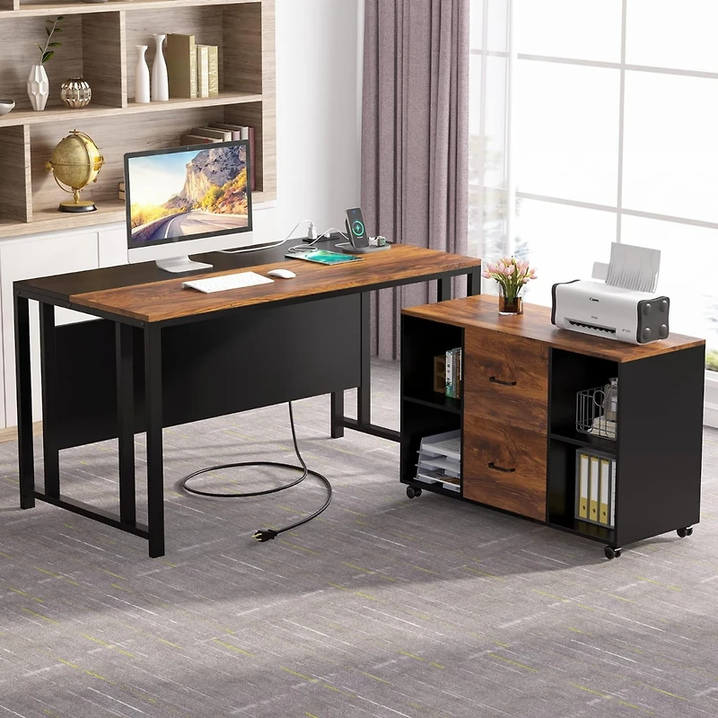 Tribesigns L-Shaped Computer Desk with Power Outlet and Drawer Cabinet, 55 inch Large Executive Office Desk with Lateral File Cabinet