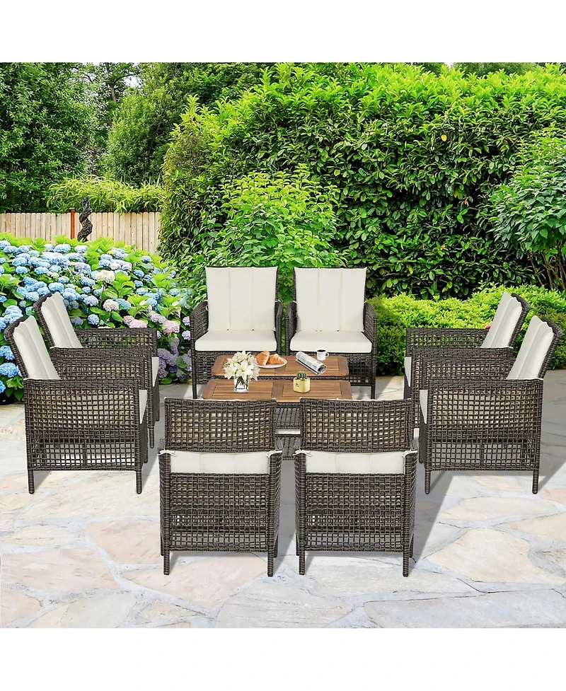 Costway 10PCS Patio Rattan Furniture Set Cushioned Sofa Armrest Wooden Tabletop