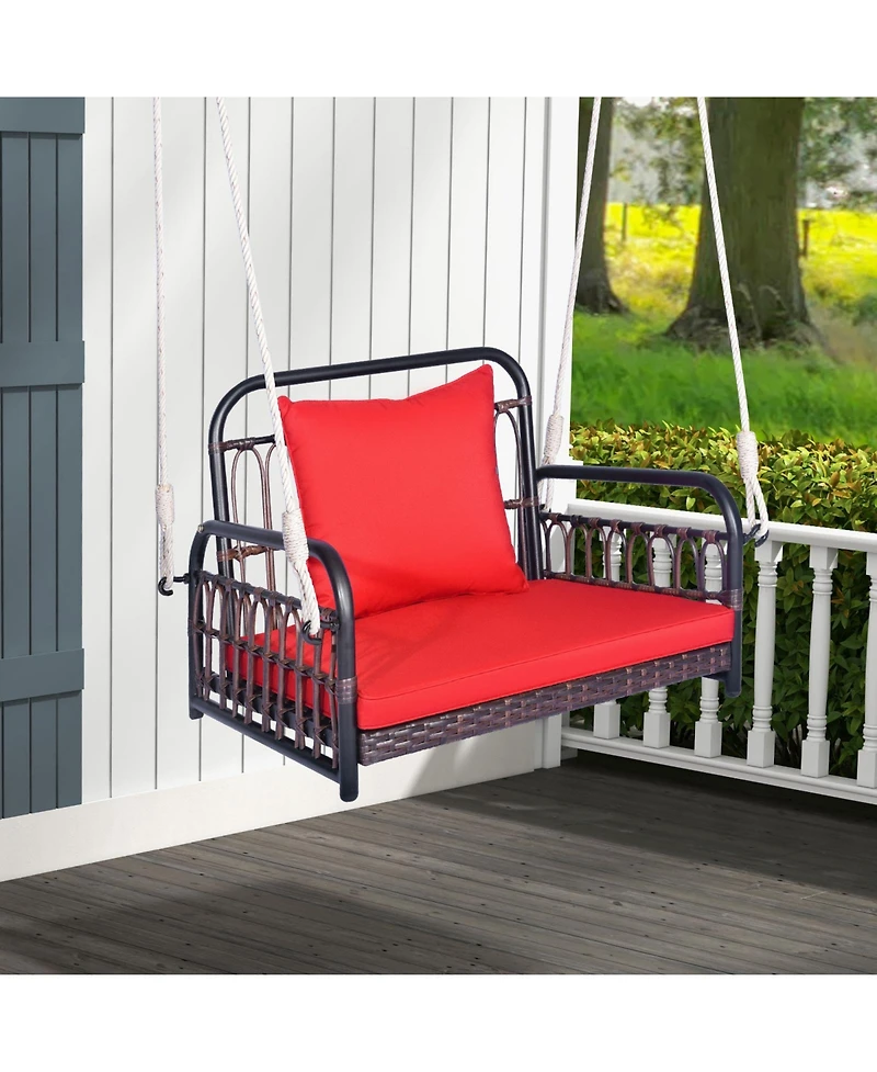 Slickblue Patio Rattan Porch Swing Hammock Chair with Seat Cushion-Red