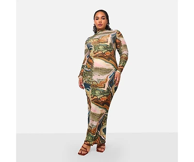Rebdolls Plus Size Bali Mesh Abstract Print Maxi Boycon Dress
