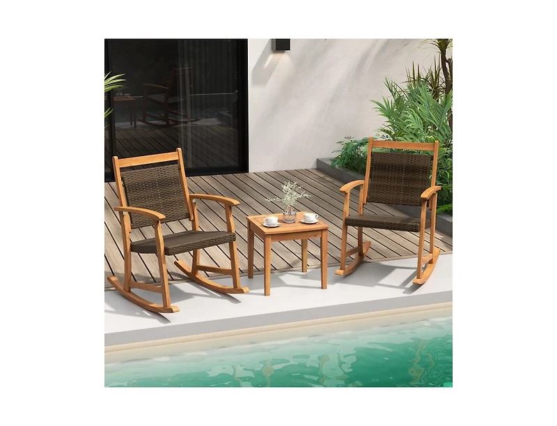 Slickblue 3 Pieces Acacia Wood Patio Rocking Chair Set with Side Table
