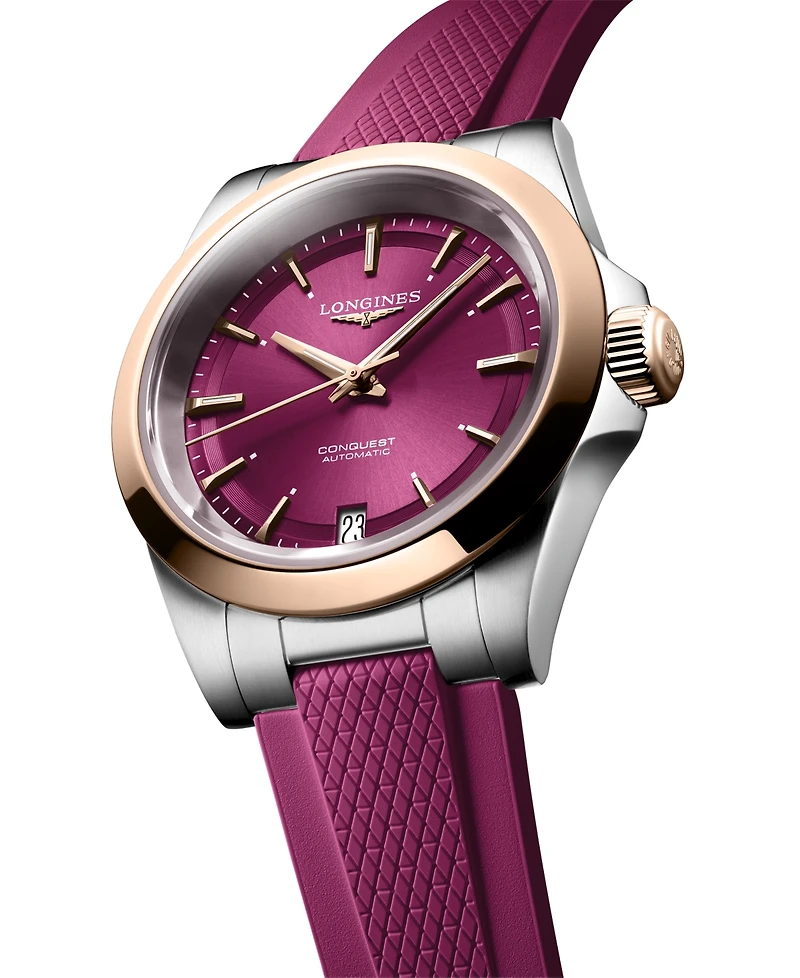 Longines Women's Swiss Automatic Conquest Purple Rubber Strap Watch 34mm