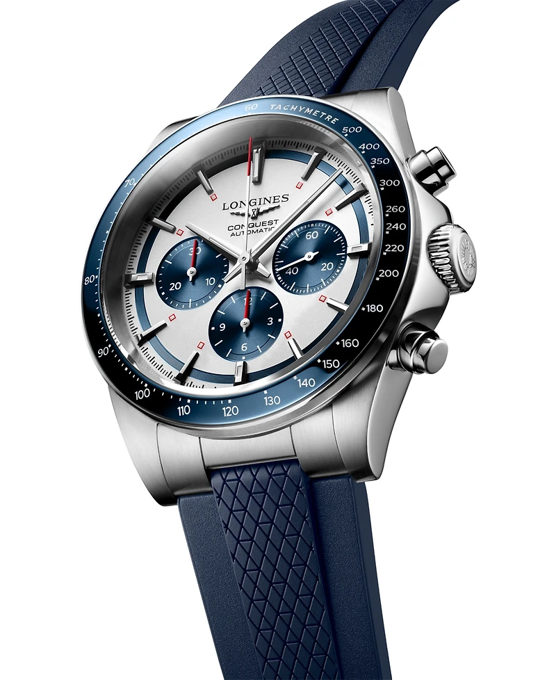 Longines Men's Swiss Automatic Chronograph Conquest Blue Rubber Strap Watch 42mm