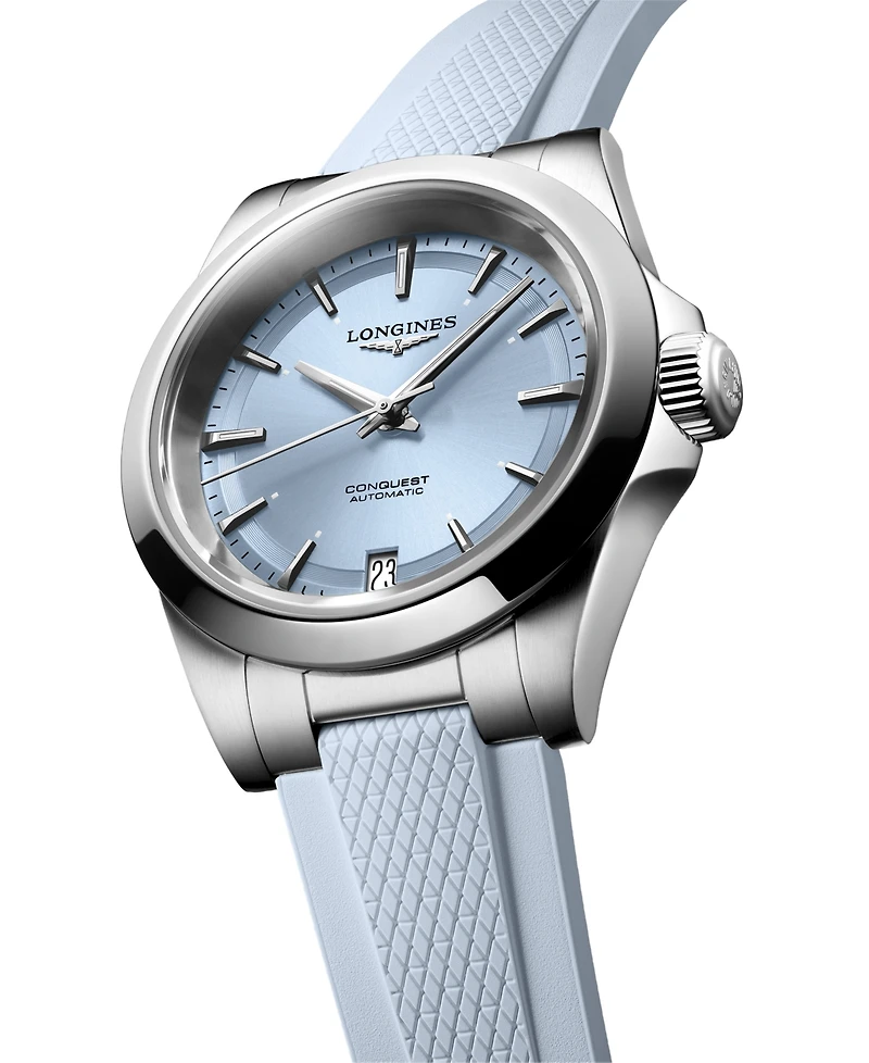 Longines Women's Swiss Automatic Conquest Blue Rubber Strap Watch 34mm