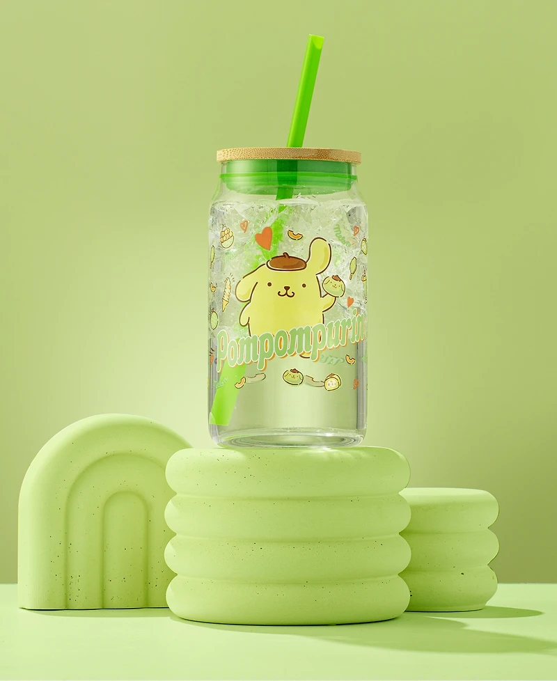 JoyJolt Hello Kitty and Friends Favorite Flavor Pompompurin Can Shaped Glass Tumbler with Wood Lid and Straw