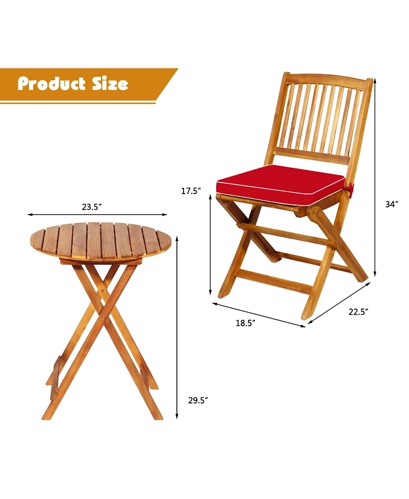 Gymax 3PCS Folding Acacia Wood Bistro Set Patio Conversation Set w/ Red Cushions