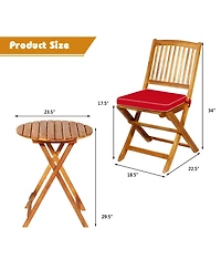 Gymax 3PCS Folding Acacia Wood Bistro Set Patio Conversation Set w/ Red Cushions