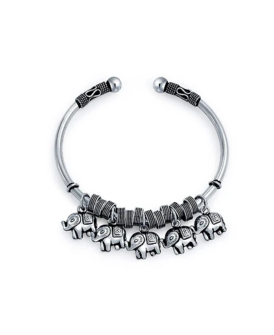 Bling Jewelry Bali Style 5 Charms Dangling Good Luck Elephant Bangle Cuff Bracelet Solid Heavy Sterling Silver